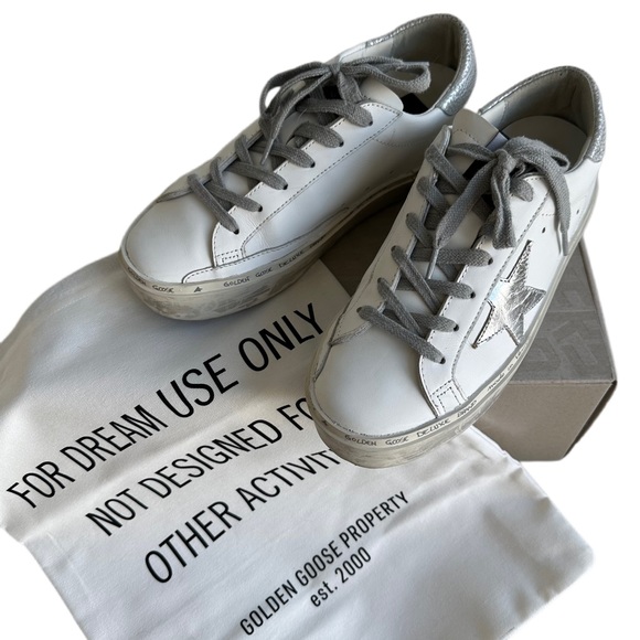 Golden Goose Women’s Hi-Star Platform Sneakers in White & Silver - Picture 1 of 6